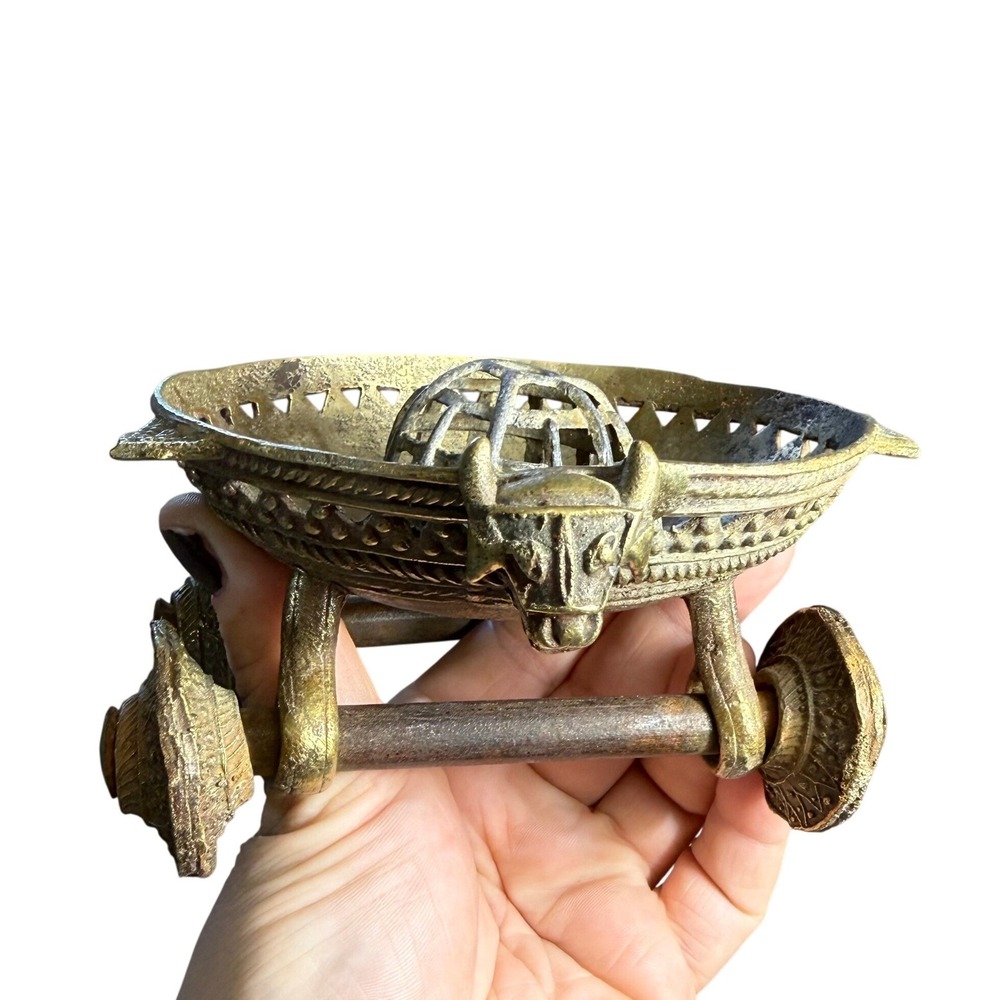 Antique Indian Dhokra Art Nandi Bull Ritual Cart, Chariot Incense Burner, Altar